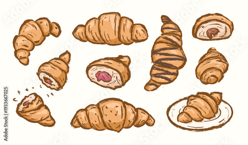 Croissant hand drawn illustration set. Croissants vector doodle elements with various angle. Scribble of pastry menu collection. French bakery doodle background.