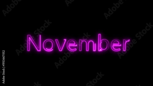 Blue Neon November Text Animation with Glowing Electric Light Effect on Black Background; Monthly Calendar Concept for Digital Signage, Social Media Intro, and Winter Season Events.