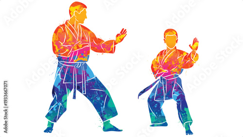Karate and Martial Arts Silhouette Set. Vibrant Watercolor Splash Illustration of Master and Student in Combat Poses