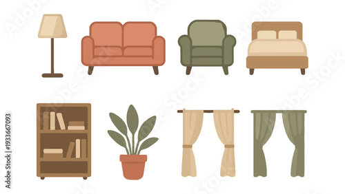 Furniture vector illustration set including sofa, armchair, bed, lamp, bookshelf, plant, and curtains