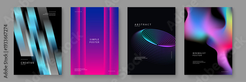 Set of four dark themed posters with vibrant neon light effects metallic stripes circular wireframes and colorful fluid smoke backgrounds