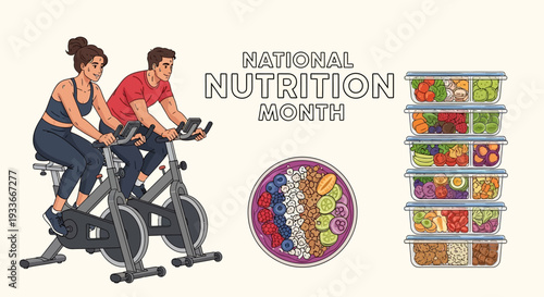A couple on exercise bikes beside a MyPlate diagram and a refrigerator with healthy food storage containers for National Nutrition Month.