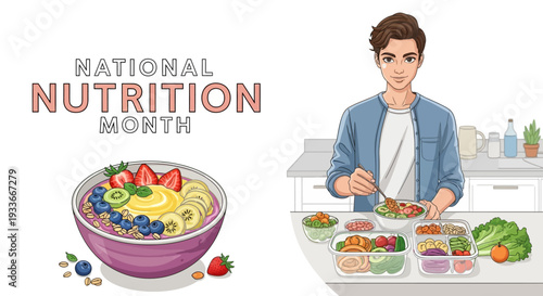 A man prepares a nutritious meal with various food groups for National Nutrition Month, emphasizing healthy eating and balanced diet.