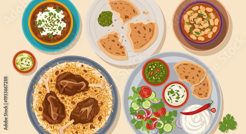 Assorted Indian Dishes and Cuisine on Table Top View with Various Ingredients and Spices