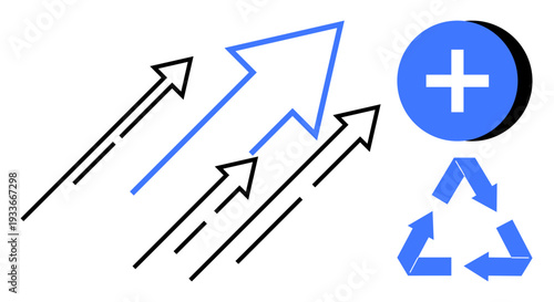 Growth concept. Upward arrows illustrate progress and advancement, combined with recycling and a plus symbol for sustainability. Growth reflecting innovation and eco-conscious development