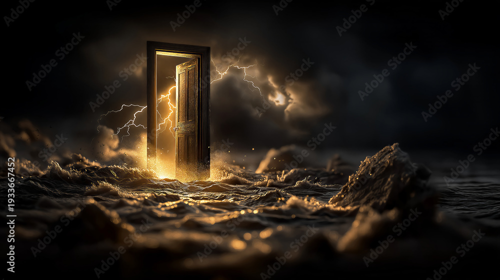 Naklejka premium Decay sparks renewal. Ancient door amidst shimmering sparks and mist. Cracked door with golden glow surrounded by mist and burning embers