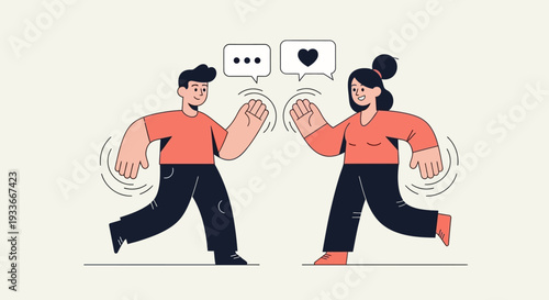 Man and woman running towards each other with speech bubbles in a friendly illustration from a side view