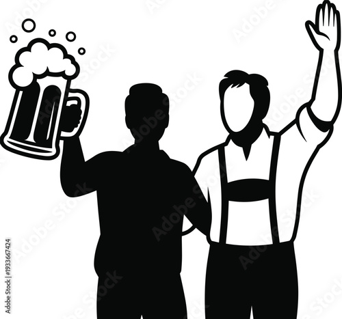 Oktoberfest celebration silhouettes with beer mug and traditional Bavarian costume, festive toast isolated on white background illustration