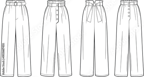 High-waisted paperbag pants flat sketch, fashion technical drawing, apparel design vector
