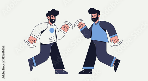Two men with beards walking and gesturing in a friendly manner towards each other illustration