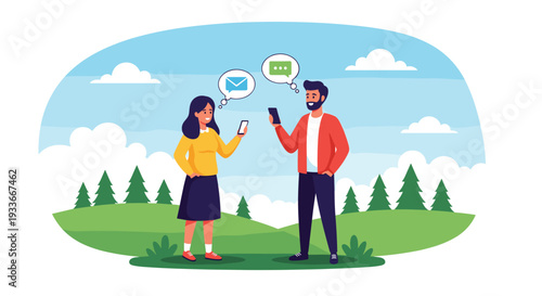 Man and woman standing in a beautiful green park while using their smartphones to exchange messages and communicate digitally.