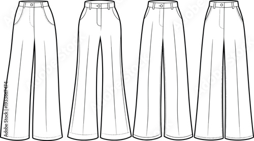 Wide-leg pants flat sketch, fashion technical drawing, apparel design vector illustration