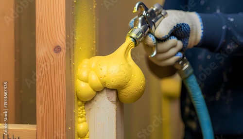 Construction worker using a specialized spray gun to apply expanding yellow polyurethane foam insulation between wooden framing studs during a home building project