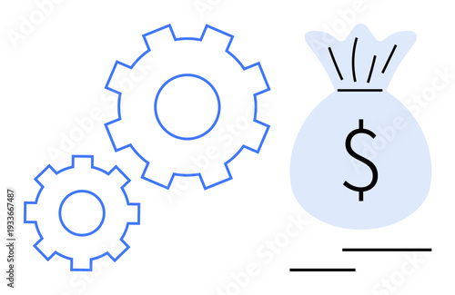 Business strategy, financial planning, investment management, startup funding, workflow automation, profitability. Two gear icons next to a money bag. Financial planning and workflow automation