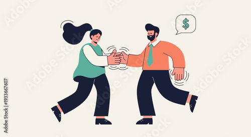 Man and woman exchanging money in a business transaction illustration from a dynamic viewpoint