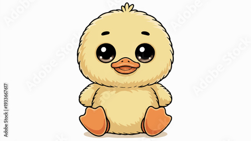 Cute cartoon duckling with big eyes and orange beak sitting alone on white background