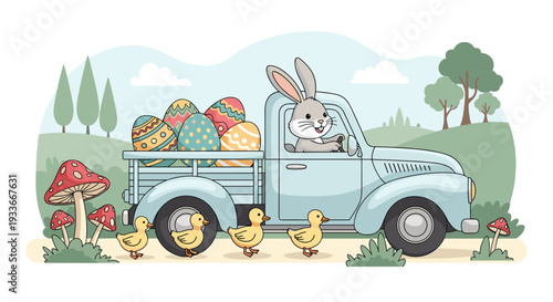 Festive Easter bunny driving a blue vintage truck loaded with giant decorated eggs while being followed by a line of yellow ducklings.