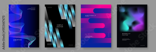 A collection of four professional posters featuring vibrant blue purple gradients fluid wave lines and sleek geometric compositions for modern branding