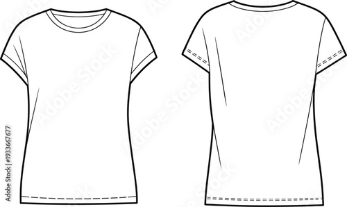 Short sleeve rolled t-shirt flat sketch, fashion technical drawing, apparel design vector