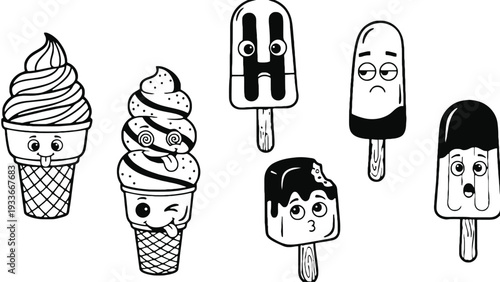 Ice cream vector illustrations with happy and sad faces