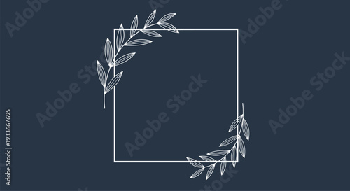 Minimalist square floral frame with white hand-drawn leafy branches on a deep navy blue background for elegant designs.