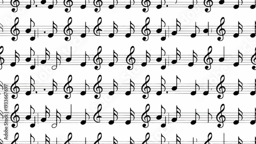 Musical notes on a stave with treble clef black on white background sheet music pattern