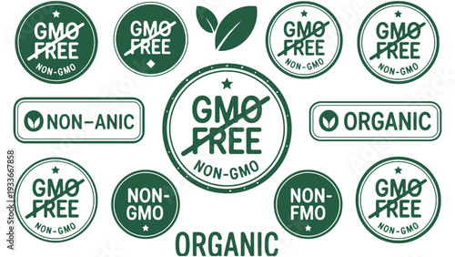Organic GMO free labels and icons for food products and packaging