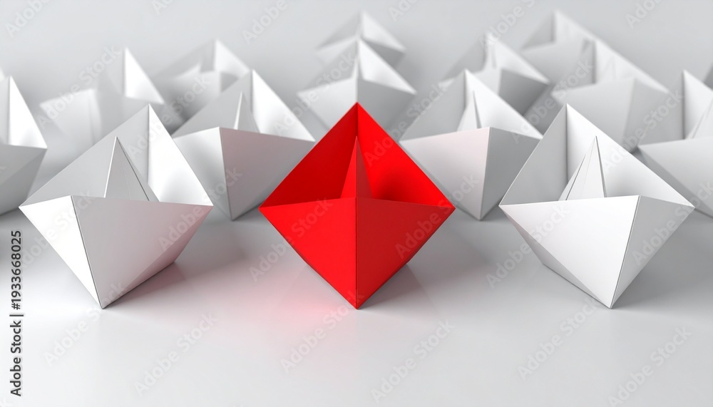 Obraz premium A red origami figure standing out among a crowd of white origami figures on a plain gray background with a subtle shadow effect.