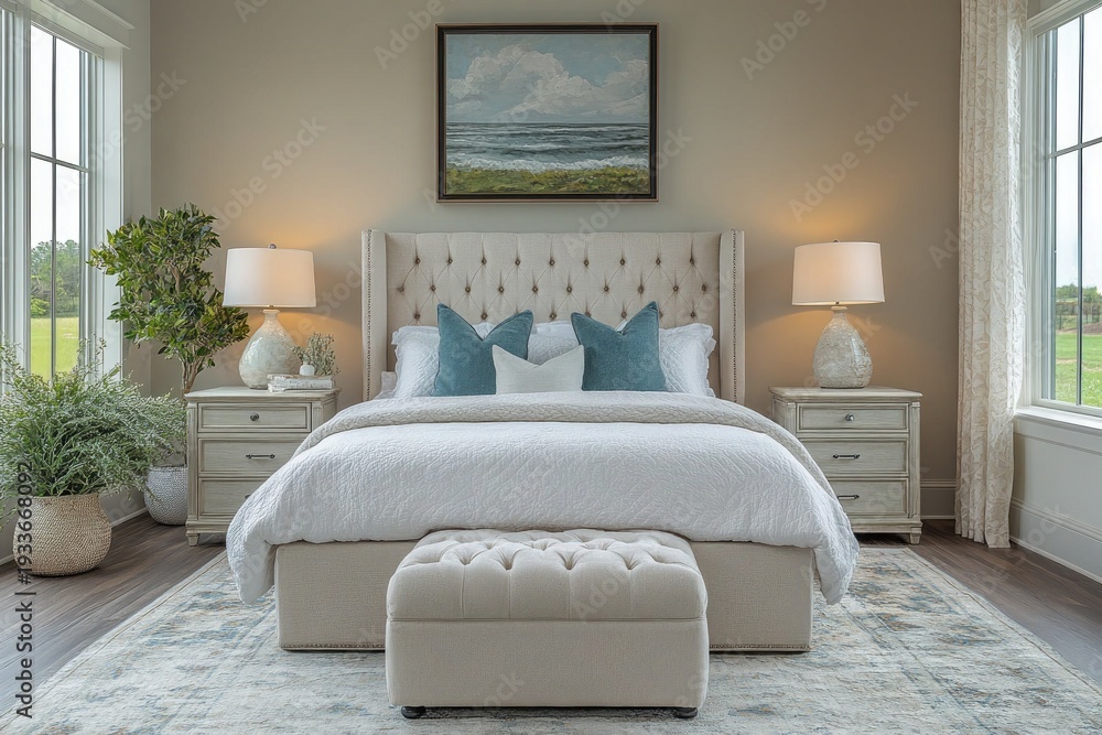 Fototapeta premium Bright bedroom features tufted headboard, lamps, & landscape art above. It can be used to illustrate interior design or real estate concepts.