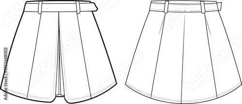 Pleated skirt flat sketch, fashion technical drawing, apparel design vector illustration