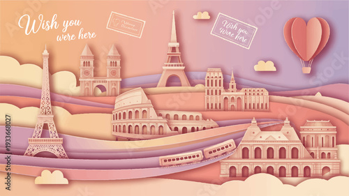 Vibrant paper cutout cityscape with iconic landmarks and hot air balloon in pastel colors