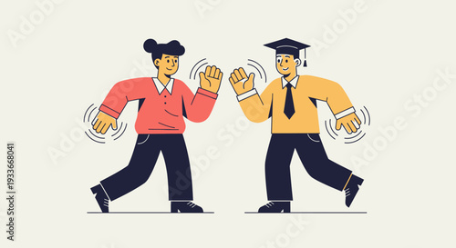 Graduation celebration illustration depicting students dancing together in joyful motion with vibrant attire from a straightforward viewpoint