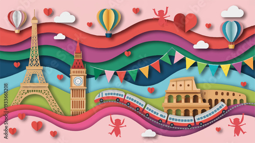Vibrant illustration of paris eiffel tower london big ben rome colosseum with train hot air balloons and festive flags on wavy colorful background