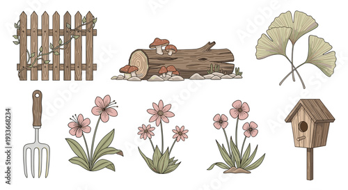 Assortment of garden and yard elements including a wooden fence, a log with mushrooms, a birdhouse, flowers, and a garden fork.