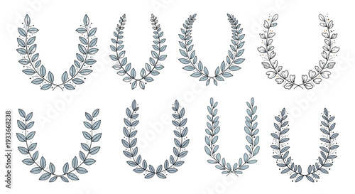 Collection of eight diverse laurel wreath designs in a hand-drawn sketchy style for creating logos, badges, and award symbols.