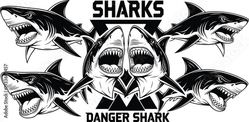 Aggressive Shark Mascot Set with Great White Sharks, Sharp Teeth, Danger Warning Symbols, and Fierce Marine Predator Illustrations.