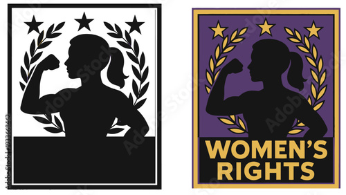 A women's rights logo with a female silhouette and laurel wreath