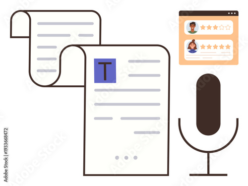 Audio processing, transcription services, online reviews, content creation, speech-to-text, digital media. Microphone, documents and review interface. Transcription services and online reviews