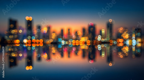 Abstract defocused cityscape at twilight with colorful glowing lights reflected in water