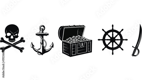 Pirate icon set including skull, anchor, treasure chest, ship wheel, and sword