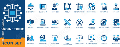 Industrial civil engineering architecture blueprint and mechanical construction vector icon set