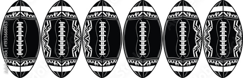 American Football Set with Polynesian Tribal Patterns, Ethnic Maori Style Ball Silhouettes, and Decorative Sports Illustration.