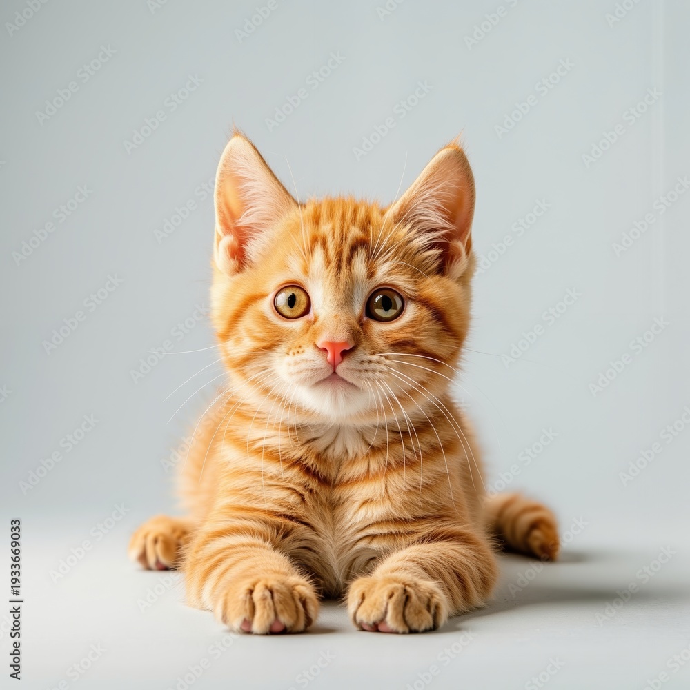Obraz premium An orange tabby kitten lying down on a white surface