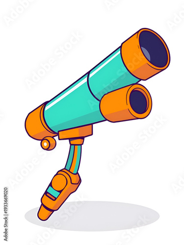 A stylized cartoon illustration of a telescope. The telescope is depicted in a vibrant color scheme with orange and teal accents. The design is relatively simple, with a focus on clear shapes and