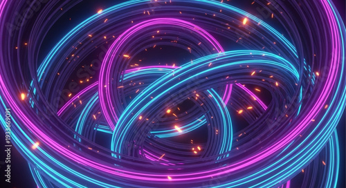 Abstract glowing neon rings in a dark space with sparks.