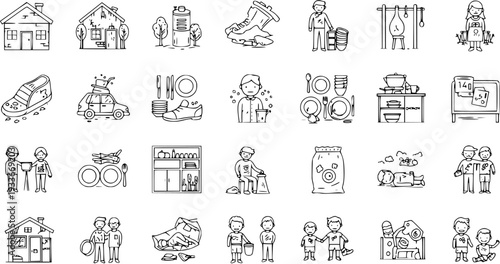 Hand-Drawn Doodle Icons Set: Social Issues, Poverty, Waste Management, Recycling, Community Support, and Daily Life - Line Art Vector Illustrations