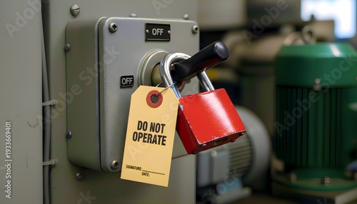 An industrial machine switch is securely locked out with a bright red padlock and a clear yellow 