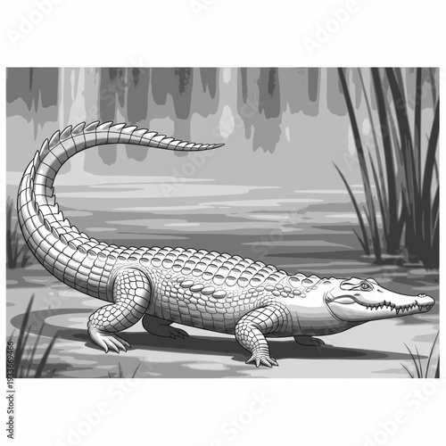 Crocodile standing on a rock in water.