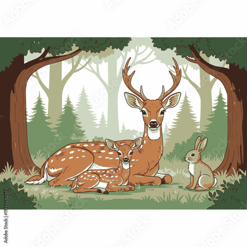 Deer and Fawn Resting in Forest Clearing.