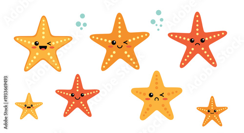 Collection of cute orange starfishes with different facial expressions and small blue bubbles on a white background.